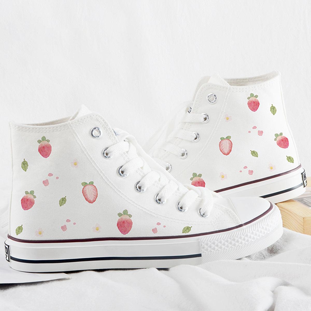 Japanese Custom Strawberry White Canvas Shoes - Aesthetic Clothes Shop Japanese Custom Strawberry White Canvas Shoes - Aesthetic Clothes Shop
