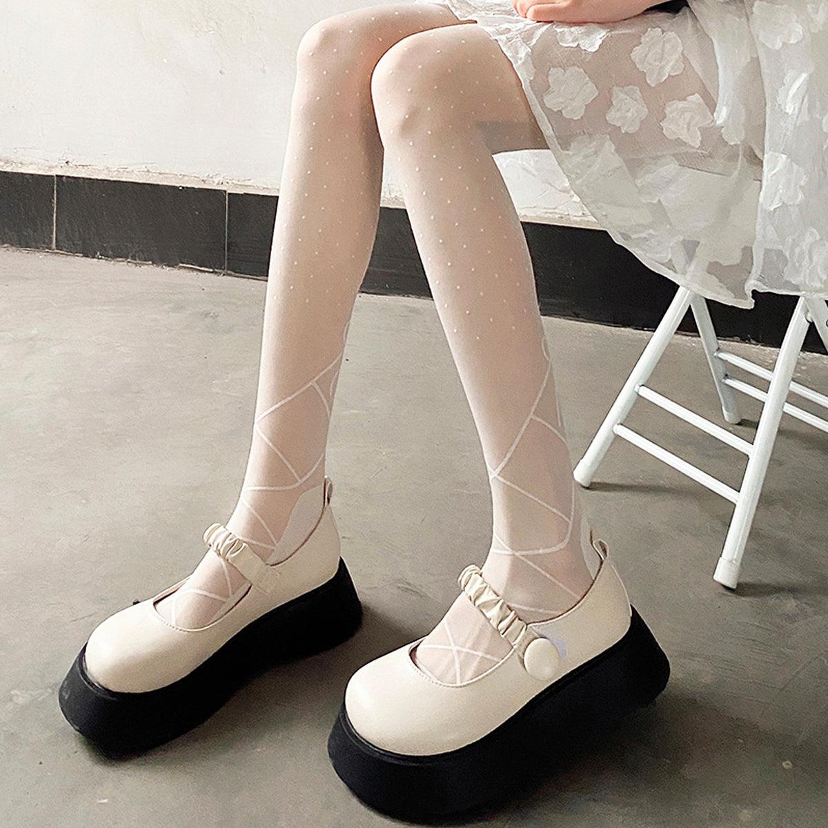 Ankle Laced White Polka Dot Tights - Aesthetic Clothes Shop Ankle Laced White Polka Dot Tights - Aesthetic Clothes Shop
