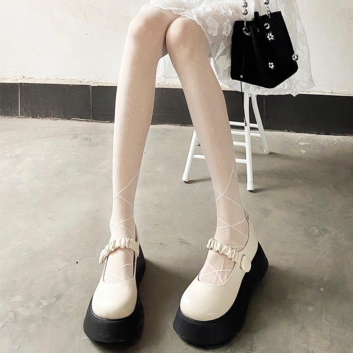 Ankle Laced White Polka Dot Tights - Aesthetic Clothes Shop Ankle Laced White Polka Dot Tights - Aesthetic Clothes Shop