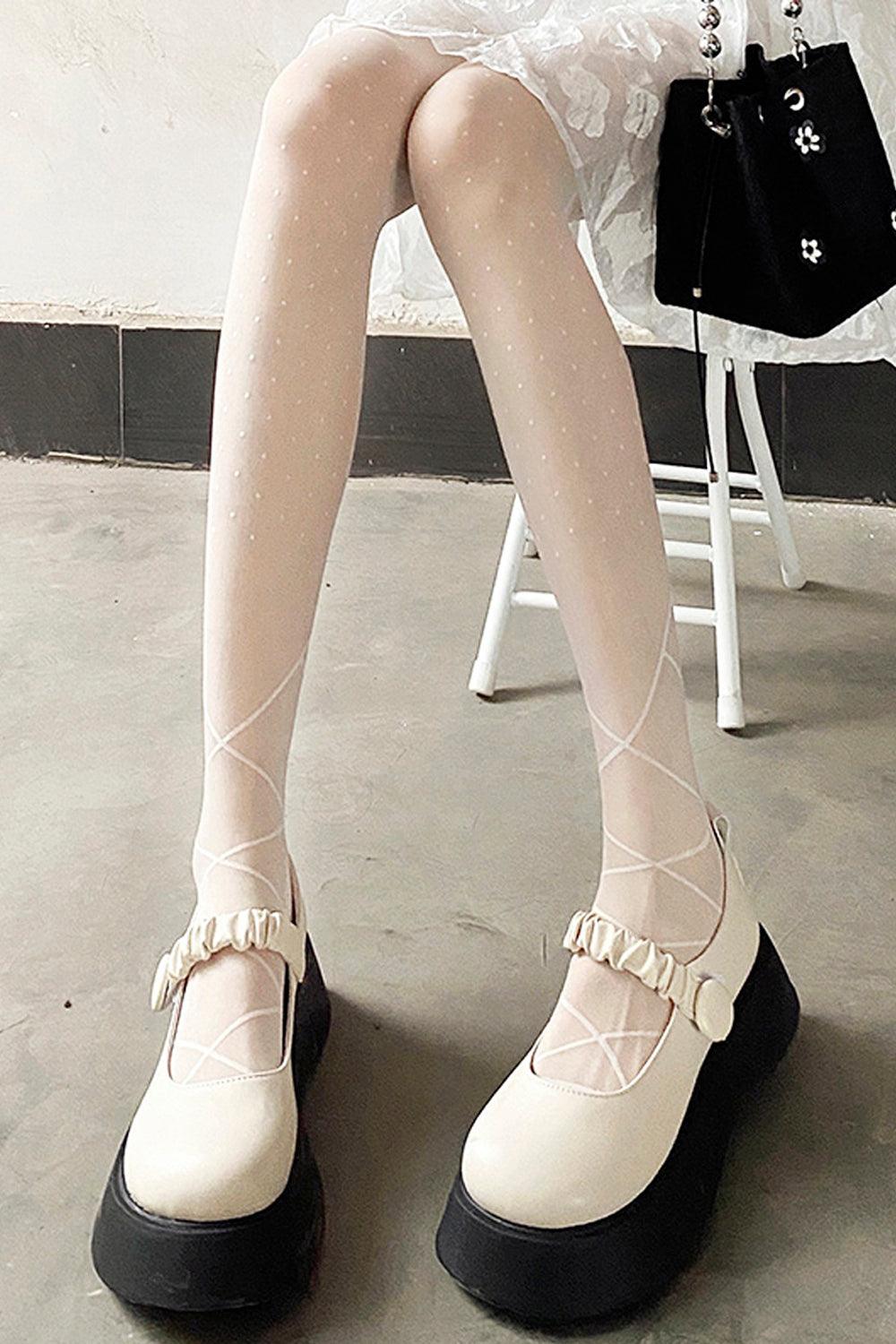 Ankle Laced White Polka Dot Tights - Aesthetic Clothes Shop Ankle Laced White Polka Dot Tights - Aesthetic Clothes Shop