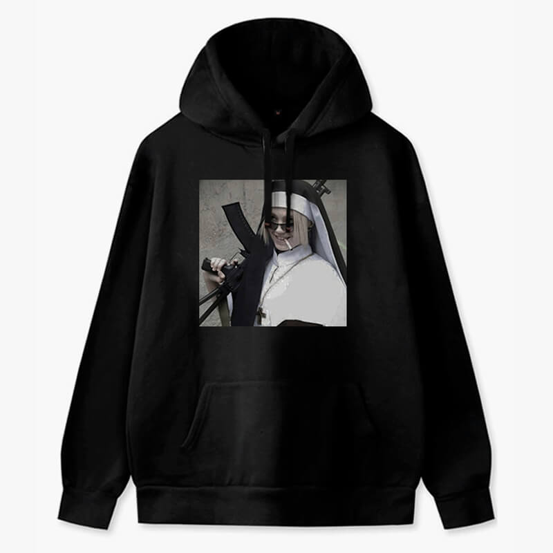 Bad Girl Aesthetic Hoodie Nun with AK 47 Rifle