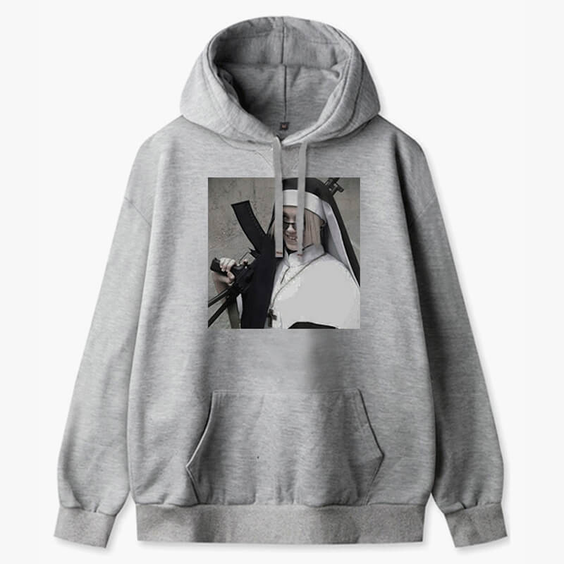 Bad Girl Aesthetic Hoodie Nun with AK 47 Rifle