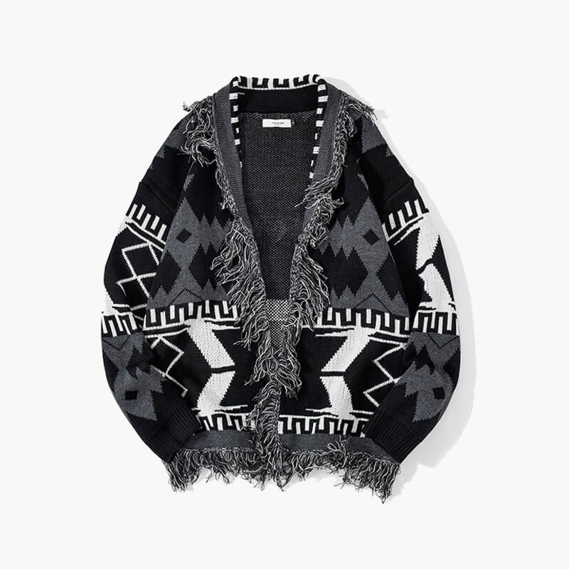 Black Gray Geometrical Comfy Knitted Cardigan Black Gray Geometrical Comfy Knitted Cardigan