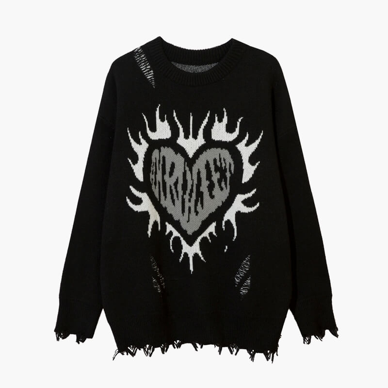 Black Heart in Flames Ripped Sweater Black Heart in Flames Ripped Sweater