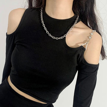 Black Long Sleeve Crop Top One Shoulder Chain Strap Black Long Sleeve Crop Top One Shoulder Chain Strap