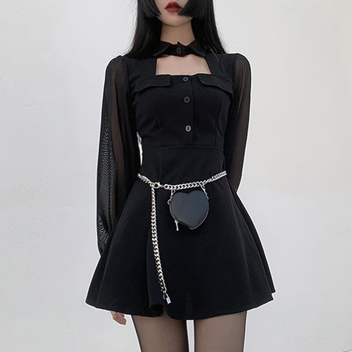 Black Mesh Sleeve Goth Aesthetic Dress - Aesthetic Clothes Shop