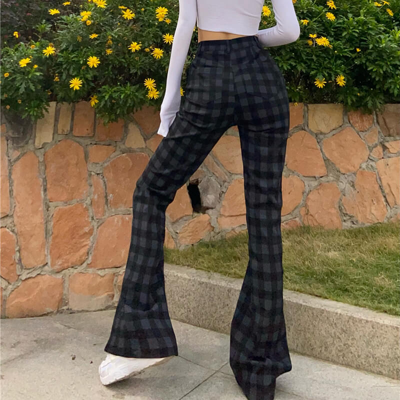 Black Plaid Aesthetic Pants Flared Black Plaid Aesthetic Pants Flared