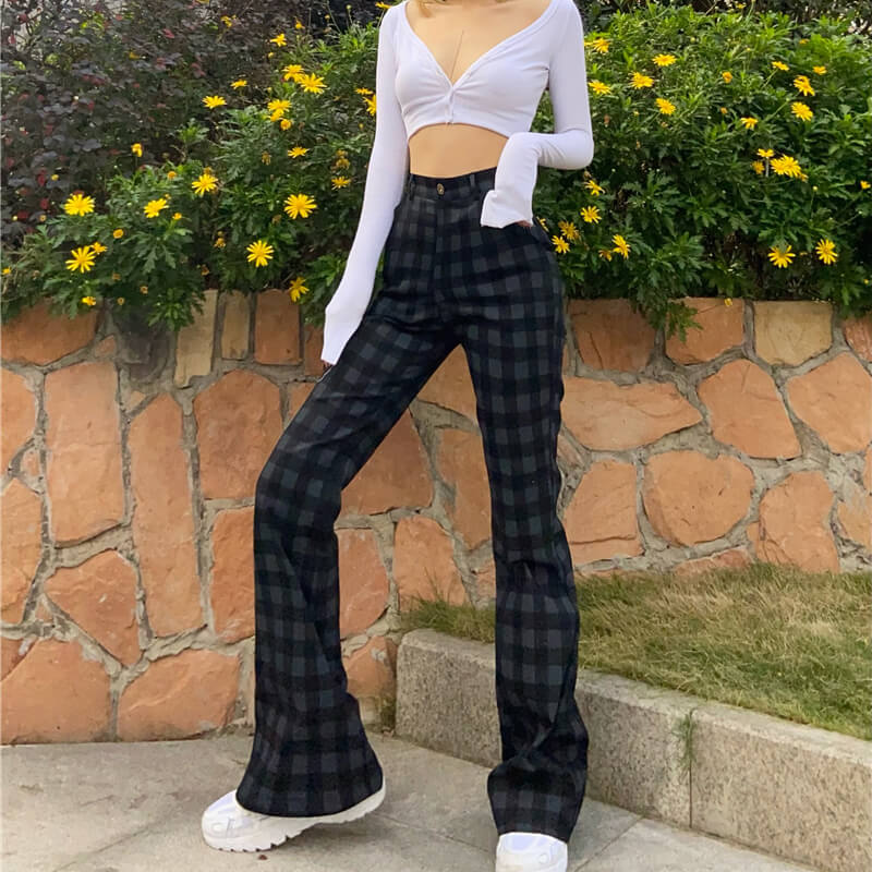 Black Plaid Aesthetic Pants Flared Black Plaid Aesthetic Pants Flared