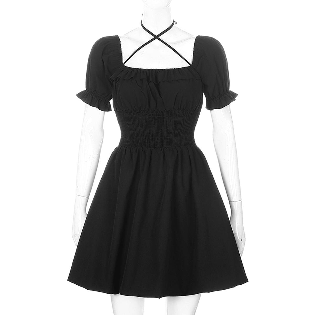 Black Square Neck Lace Hepburn Dress - Aesthetic Clothes Shop