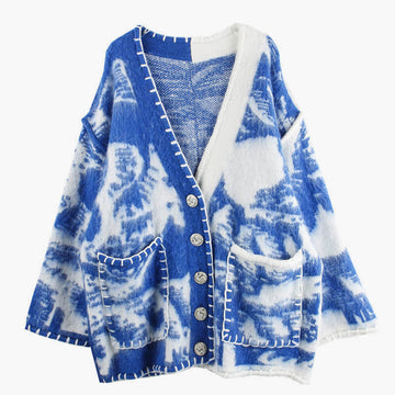 Blue Waves Retro Cardigan Split Color Design Blue Waves Retro Cardigan Split Color Design