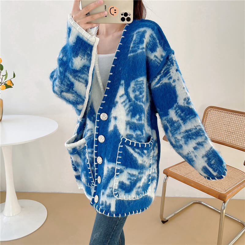 Blue Waves Retro Cardigan Split Color Design Blue Waves Retro Cardigan Split Color Design