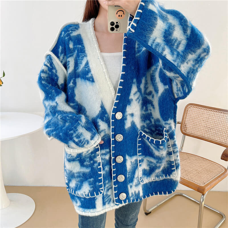 Blue Waves Retro Cardigan Split Color Design Blue Waves Retro Cardigan Split Color Design