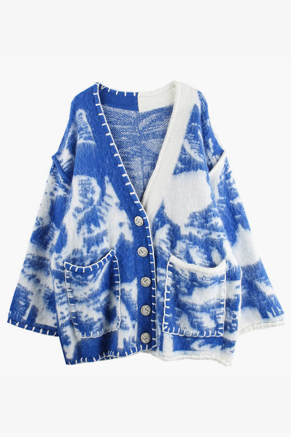 Blue Waves Retro Cardigan Split Color Design Blue Waves Retro Cardigan Split Color Design