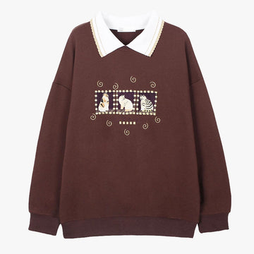 Cats Aesthetic Brown Sweatshirt With Collar - Aesthetic Clothes Shop Cats Aesthetic Brown Sweatshirt With Collar - Aesthetic Clothes Shop