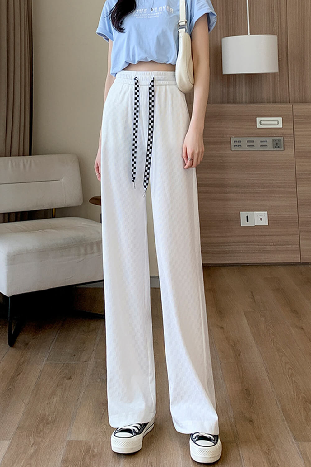 Checkered Grid Elastic Waist Wide Pants Checkered Grid Elastic Waist Wide Pants