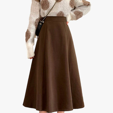 Chocolate Brown Academia Midi Skirt Elastic High Waist