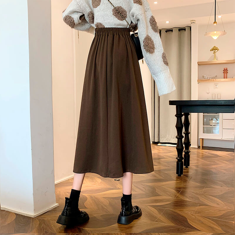 Chocolate Brown Academia Midi Skirt Elastic High Waist Chocolate Brown Academia Midi Skirt Elastic High Waist
