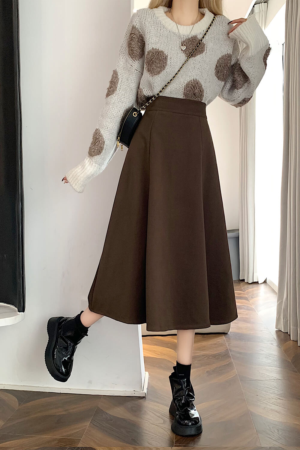 Chocolate Brown Academia Midi Skirt Elastic High Waist Chocolate Brown Academia Midi Skirt Elastic High Waist