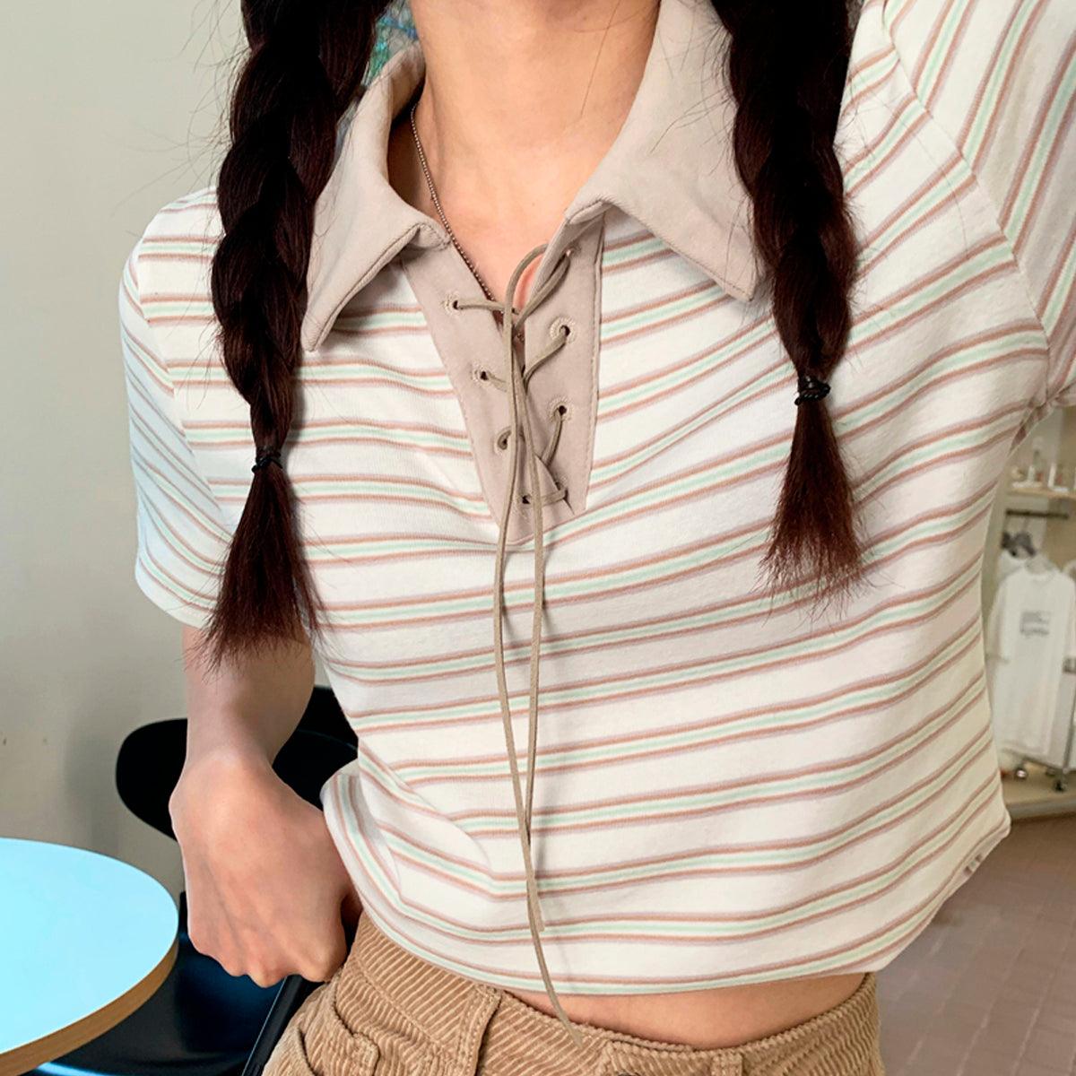Collar Lace Striped Crop Polo Shirt - Aesthetic Clothes Shop Collar Lace Striped Crop Polo Shirt - Aesthetic Clothes Shop