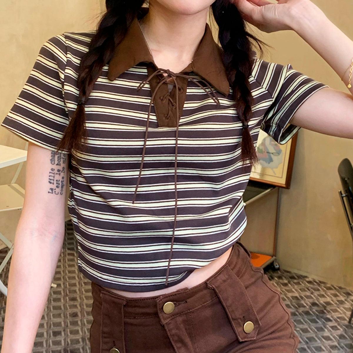 Collar Lace Striped Crop Polo Shirt - Aesthetic Clothes Shop Collar Lace Striped Crop Polo Shirt - Aesthetic Clothes Shop