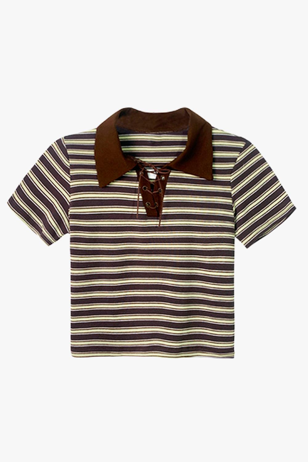Collar Lace Striped Crop Polo Shirt - Aesthetic Clothes Shop Collar Lace Striped Crop Polo Shirt - Aesthetic Clothes Shop