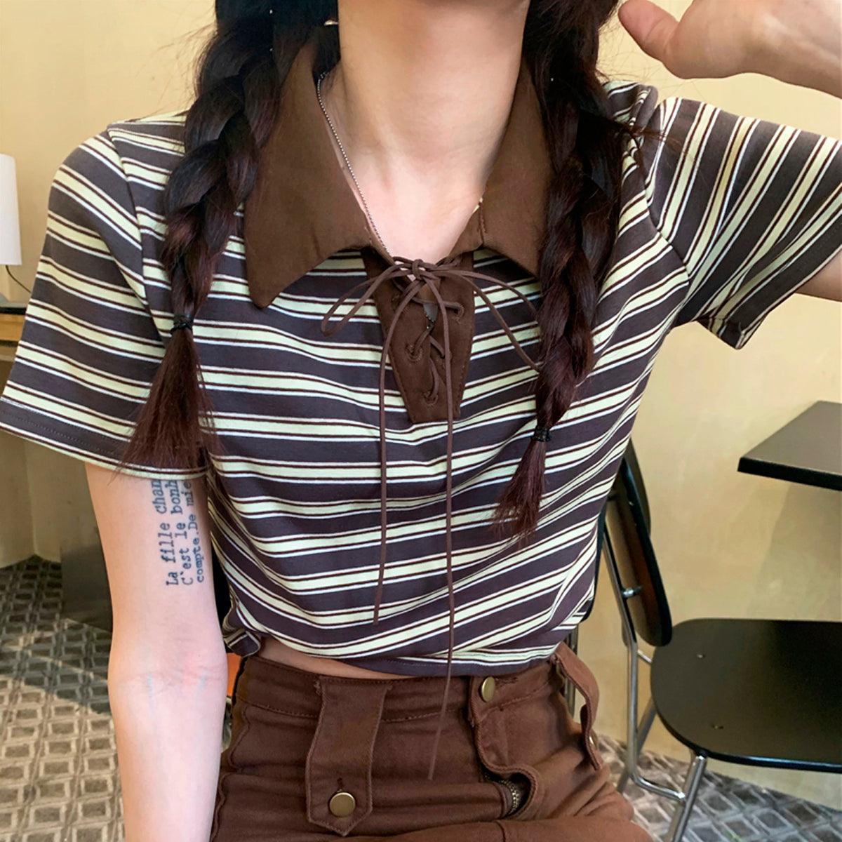 Collar Lace Striped Crop Polo Shirt - Aesthetic Clothes Shop Collar Lace Striped Crop Polo Shirt - Aesthetic Clothes Shop