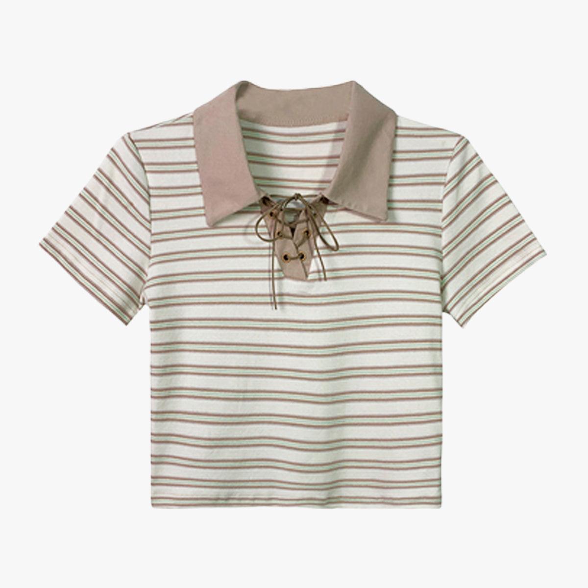 Collar Lace Striped Crop Polo Shirt - Aesthetic Clothes Shop