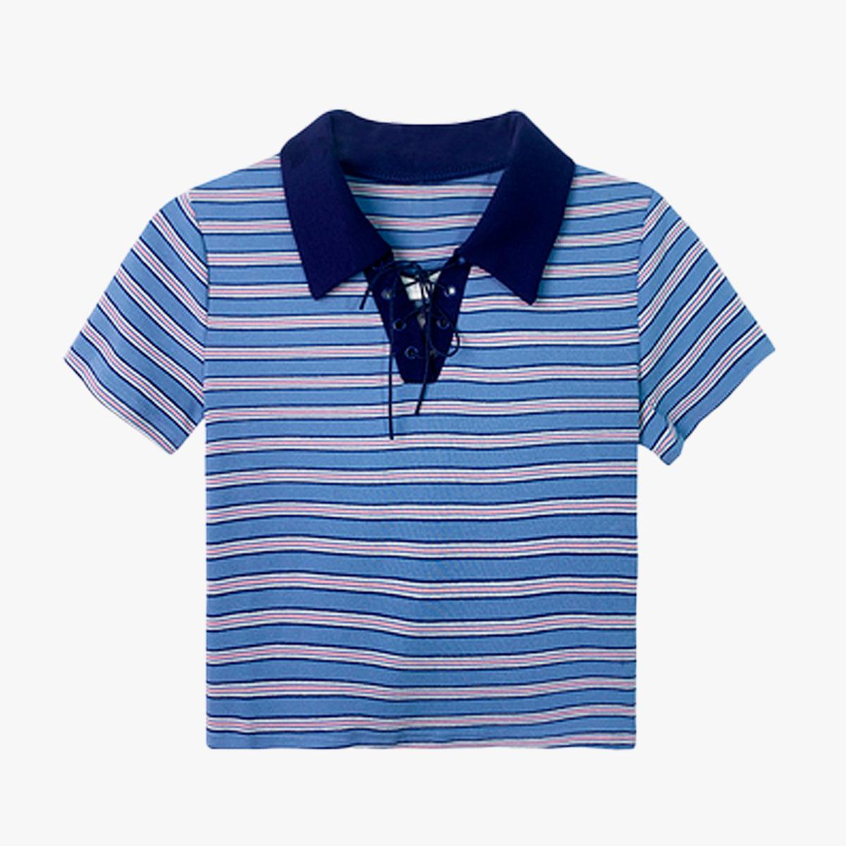 Collar Lace Striped Crop Polo Shirt - Aesthetic Clothes Shop Collar Lace Striped Crop Polo Shirt - Aesthetic Clothes Shop