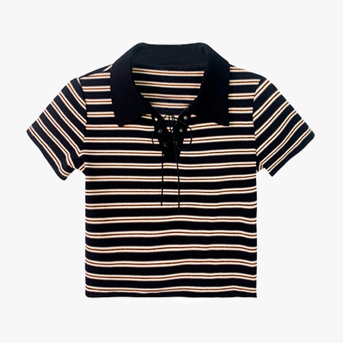 Collar Lace Striped Crop Polo Shirt - Aesthetic Clothes Shop Collar Lace Striped Crop Polo Shirt - Aesthetic Clothes Shop