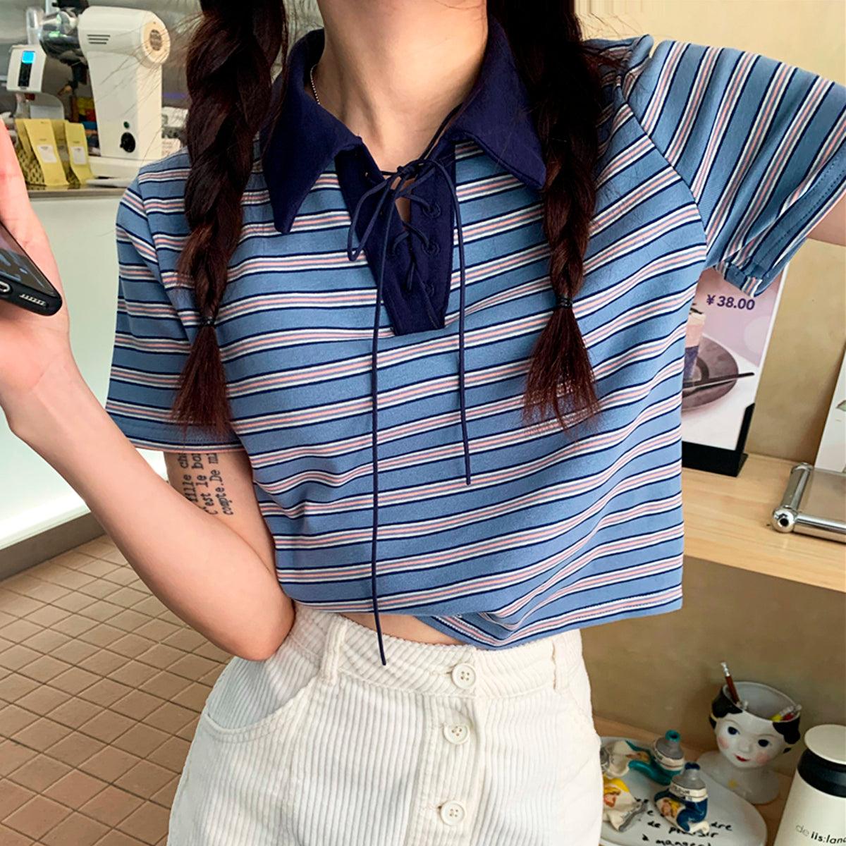 Collar Lace Striped Crop Polo Shirt - Aesthetic Clothes Shop Collar Lace Striped Crop Polo Shirt - Aesthetic Clothes Shop