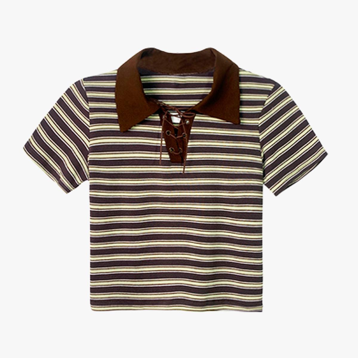 Collar Lace Striped Crop Polo Shirt - Aesthetic Clothes Shop Collar Lace Striped Crop Polo Shirt - Aesthetic Clothes Shop
