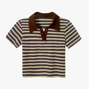 Collar Lace Striped Crop Polo Shirt