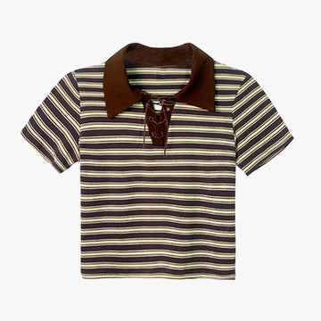 Collar Lace Striped Crop Polo Shirt - Aesthetic Clothes Shop Collar Lace Striped Crop Polo Shirt - Aesthetic Clothes Shop