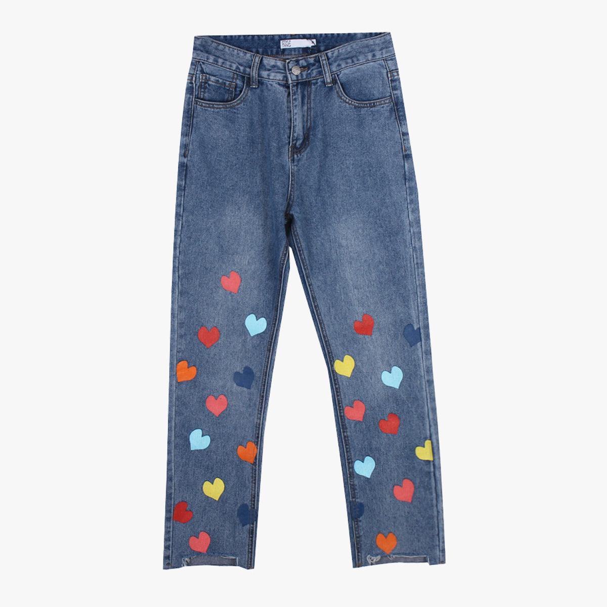 Colored Hearts Kidcore Aesthetic Jeans - Aesthetic Clothes Shop