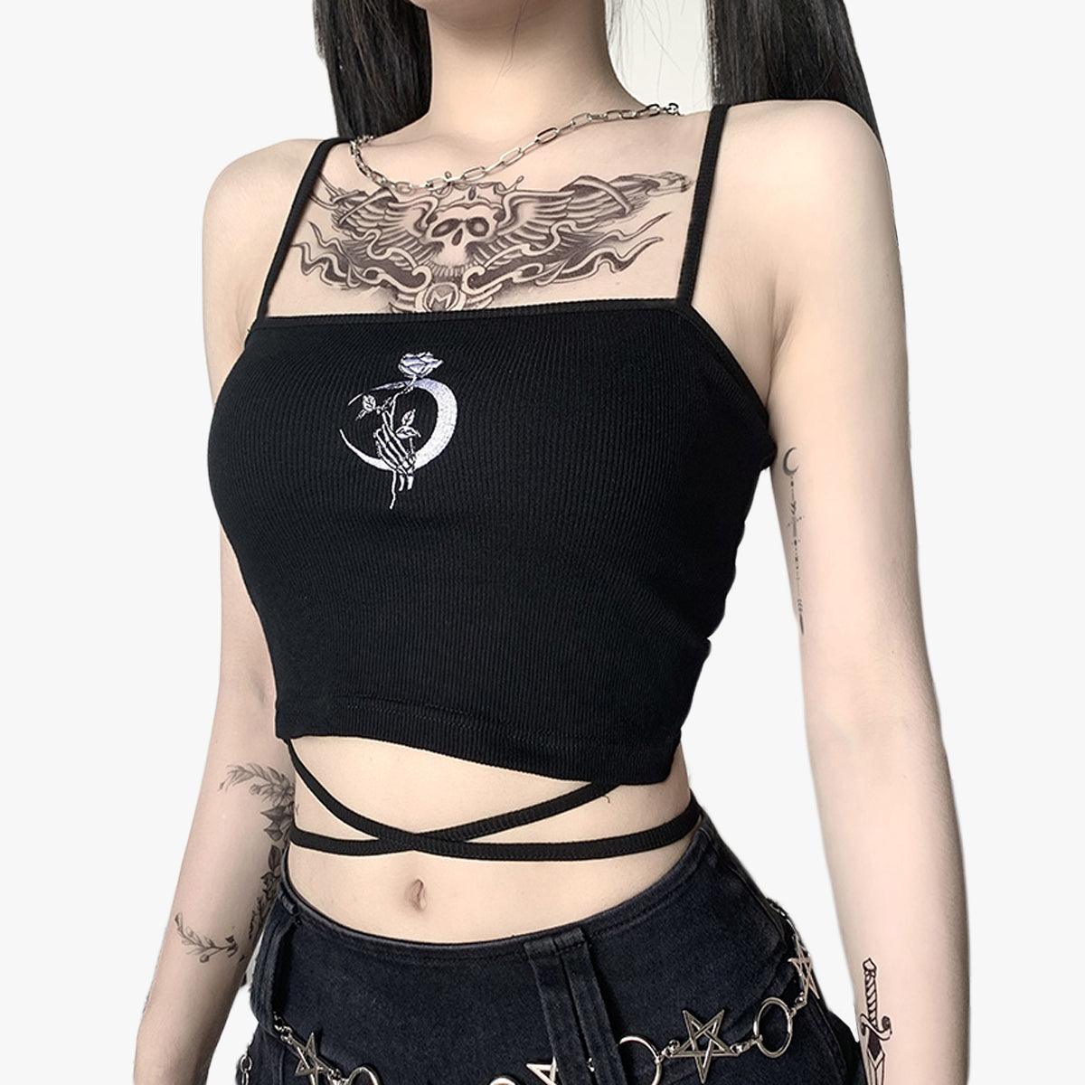 Crescent Moon Rose Black Crop Top - Aesthetic Clothes Shop