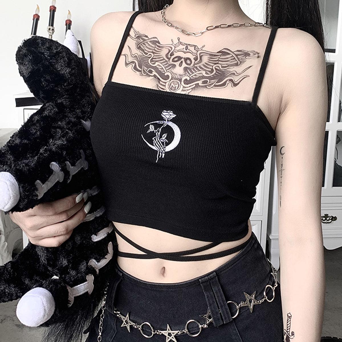 Crescent Moon Rose Black Crop Top - Aesthetic Clothes Shop