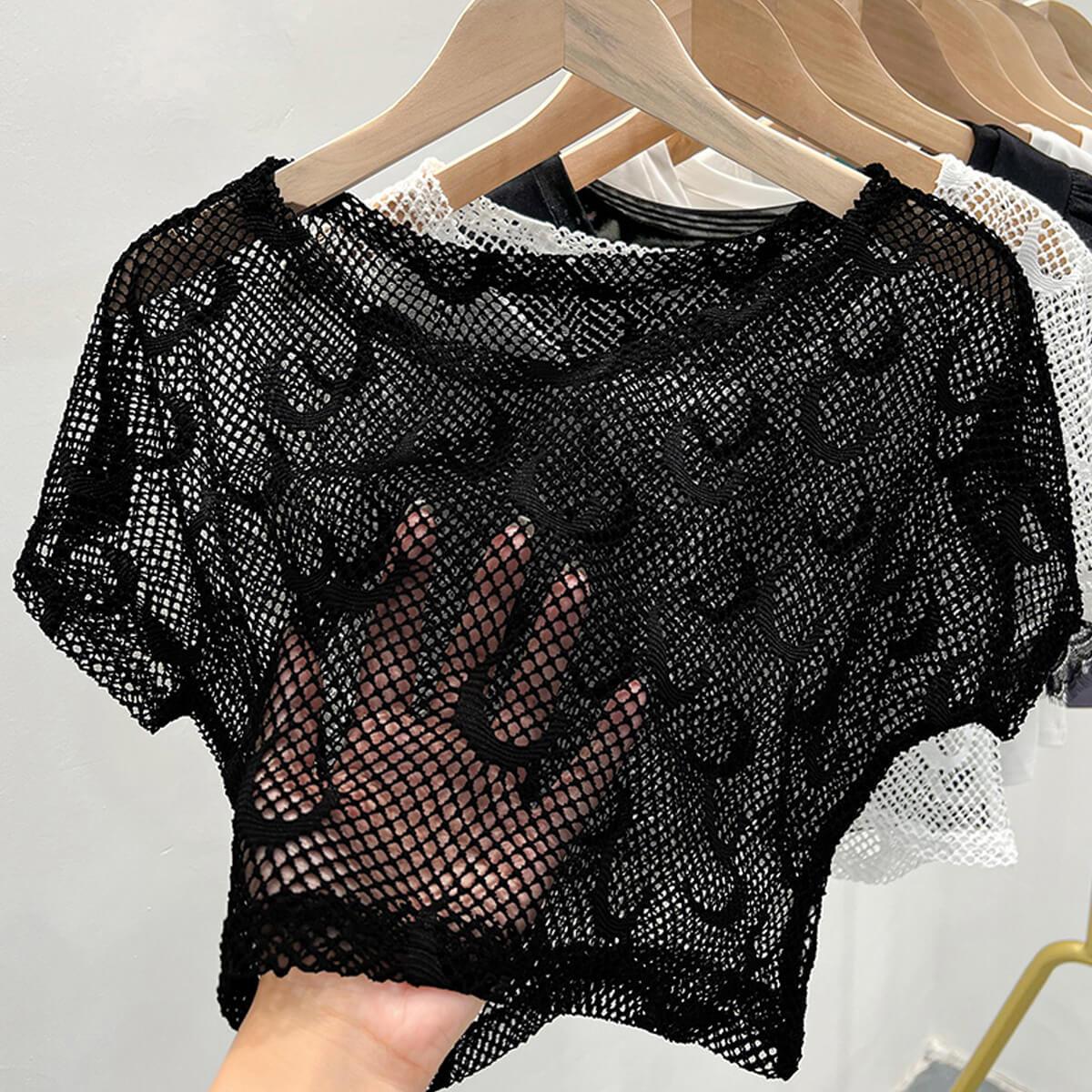 Crescent Moon Small Fishnet Crop Top - Aesthetic Clothes Shop Crescent Moon Small Fishnet Crop Top - Aesthetic Clothes Shop