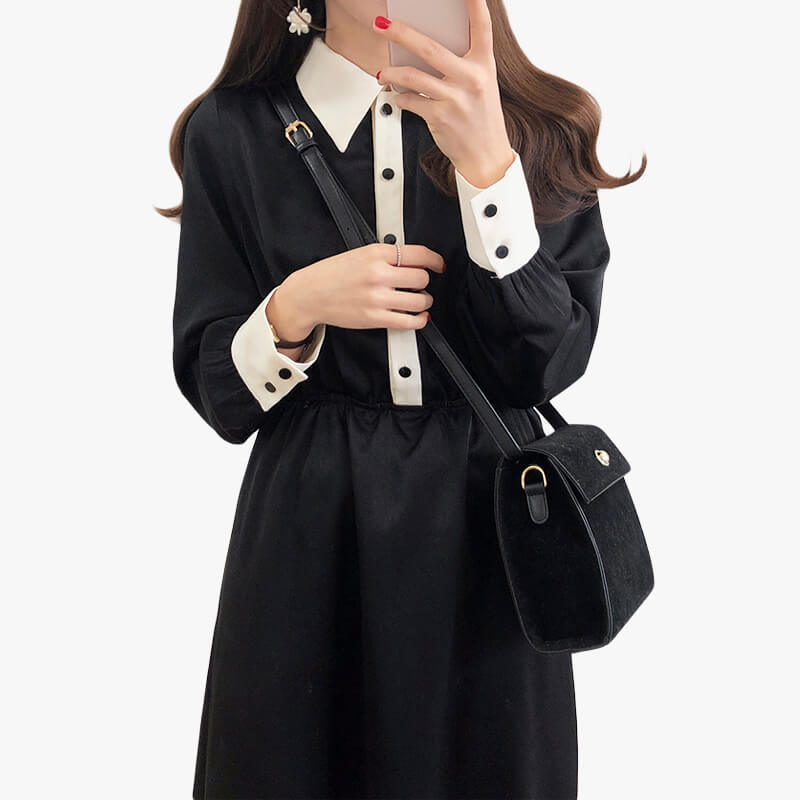 Dark Academia Black Dress Knee Long Dark Academia Black Dress Knee Long