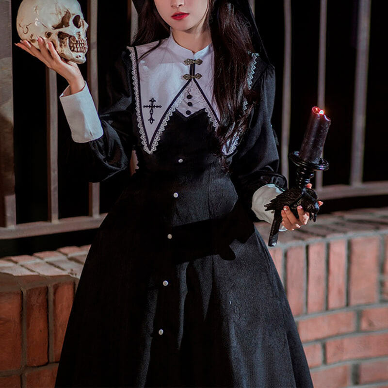 Dark Academia Goth Nun Dress Detachable Collar Dark Academia Goth Nun Dress Detachable Collar