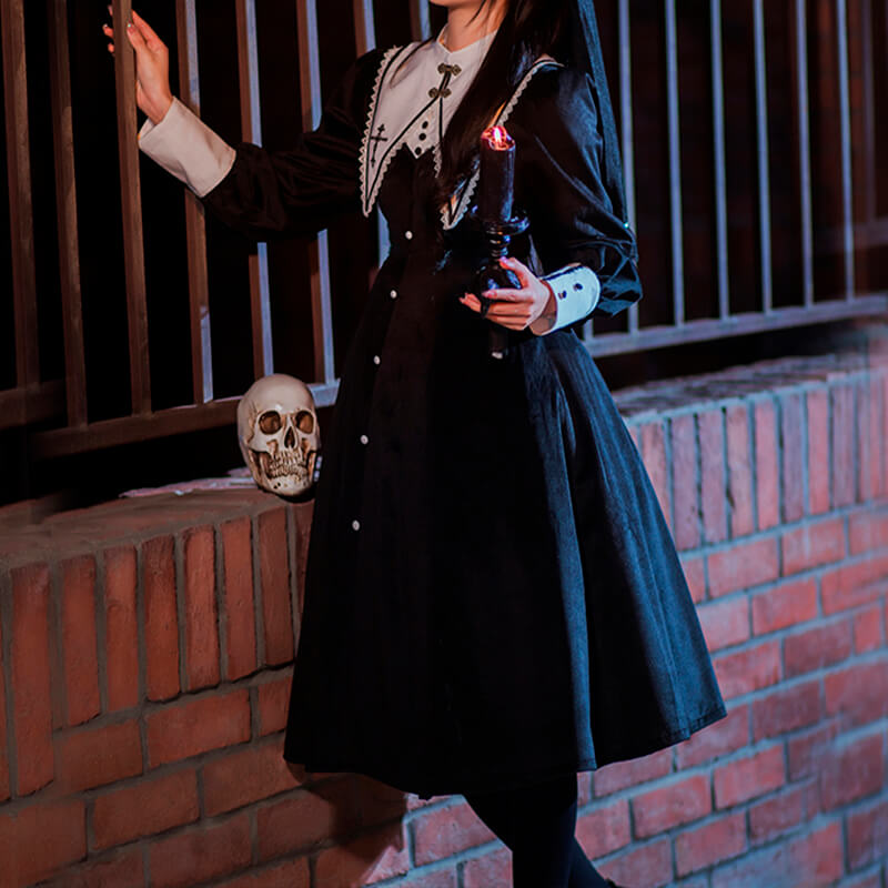 Dark Academia Goth Nun Dress Detachable Collar Dark Academia Goth Nun Dress Detachable Collar