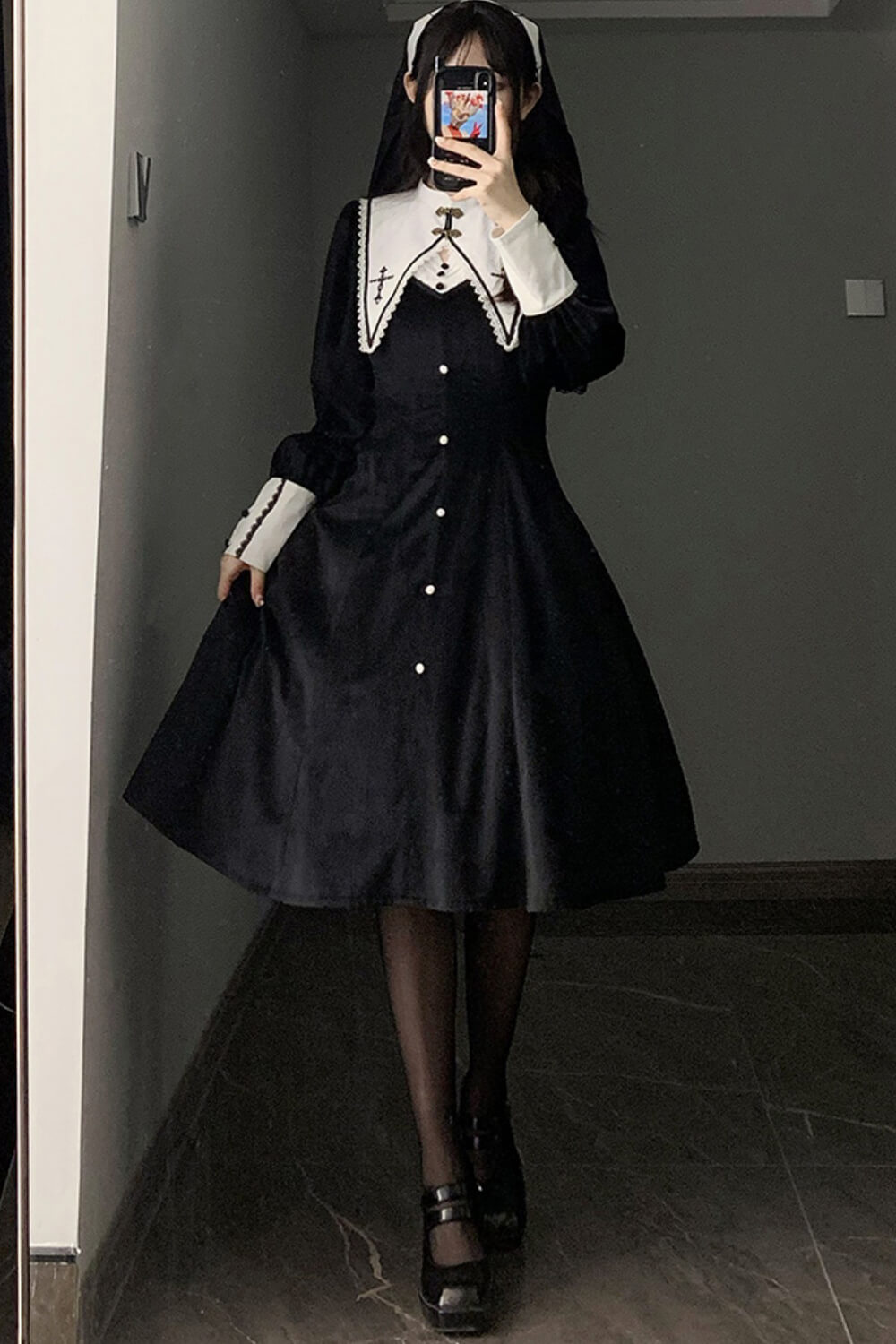 Dark Academia Goth Nun Dress Detachable Collar Dark Academia Goth Nun Dress Detachable Collar