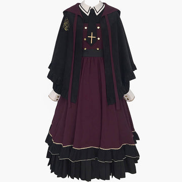 Dark Academia Magician Burgundy Dress With Cloak Hood Dark Academia Magician Burgundy Dress With Cloak Hood