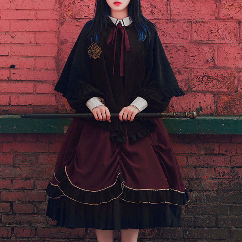 Dark Academia Magician Burgundy Dress With Cloak Hood