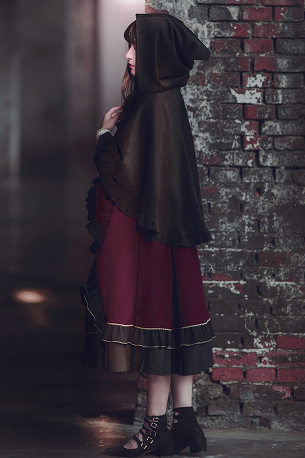 Dark Academia Magician Burgundy Dress With Cloak Hood