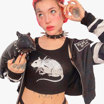 Dark EGirl Aesthetic Spiked Collar Rat Crop Top Dark EGirl Aesthetic Spiked Collar Rat Crop Top