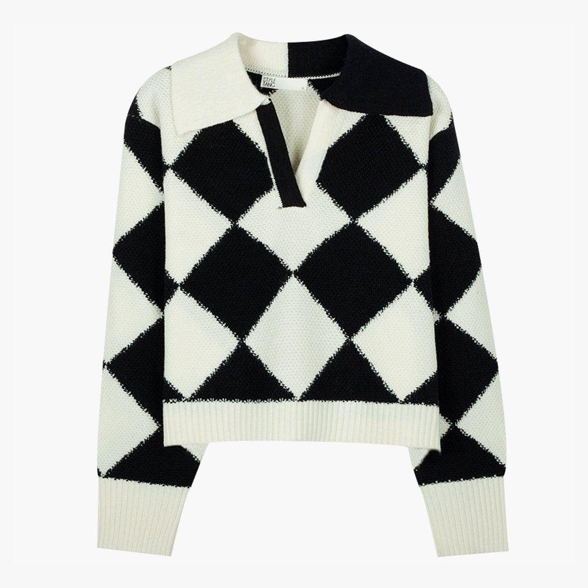 Diamond Pattern Asymmetric Collar Sweater - Aesthetic Clothes Shop Diamond Pattern Asymmetric Collar Sweater - Aesthetic Clothes Shop