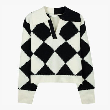 Diamond Pattern Asymmetric Collar Sweater
