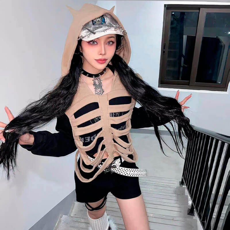 Distressed Skeleton RIbs Hooded Vest Distressed Skeleton RIbs Hooded Vest