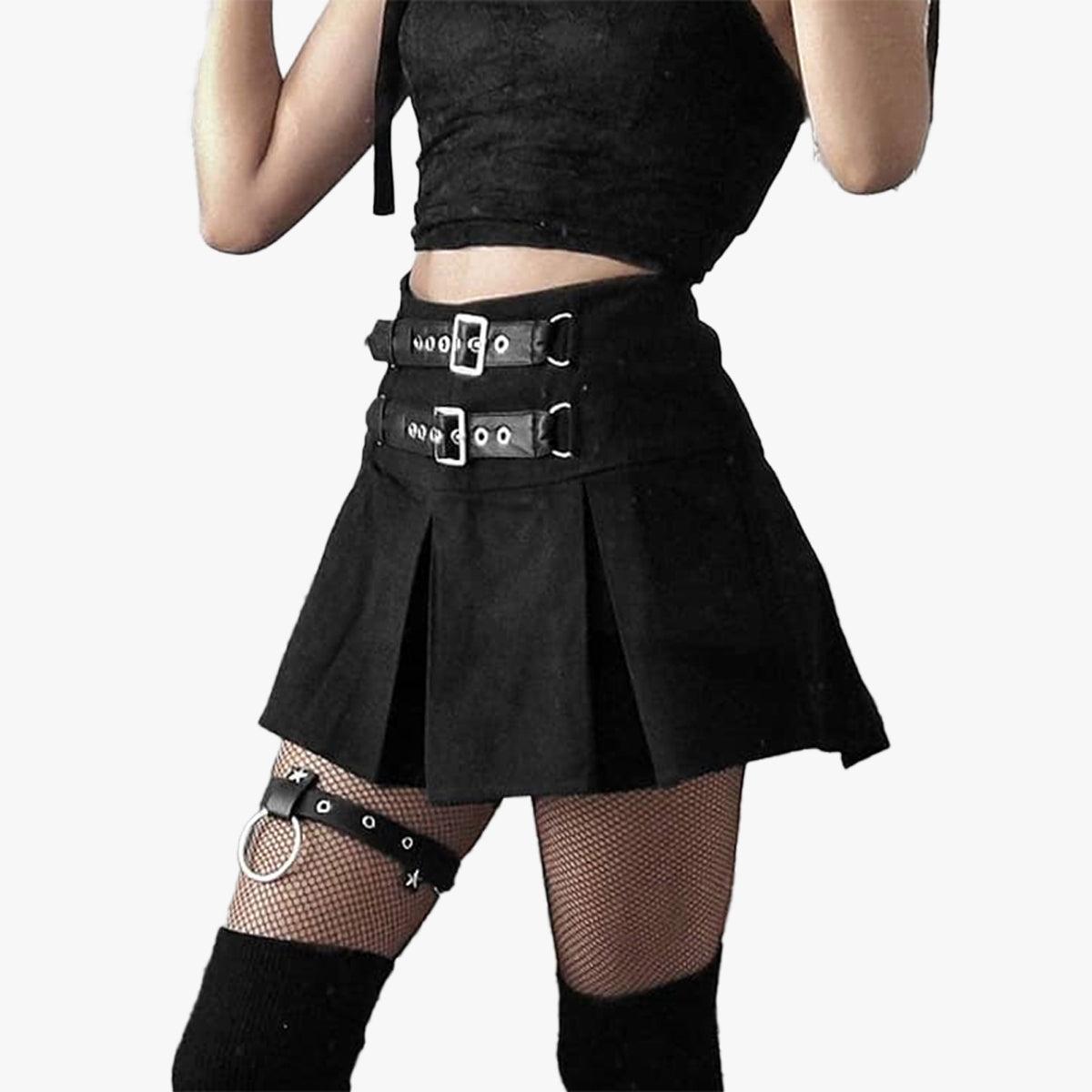 Double Belt Pleated Black Skirt - Aesthetic Clothes Shop Double Belt Pleated Black Skirt - Aesthetic Clothes Shop