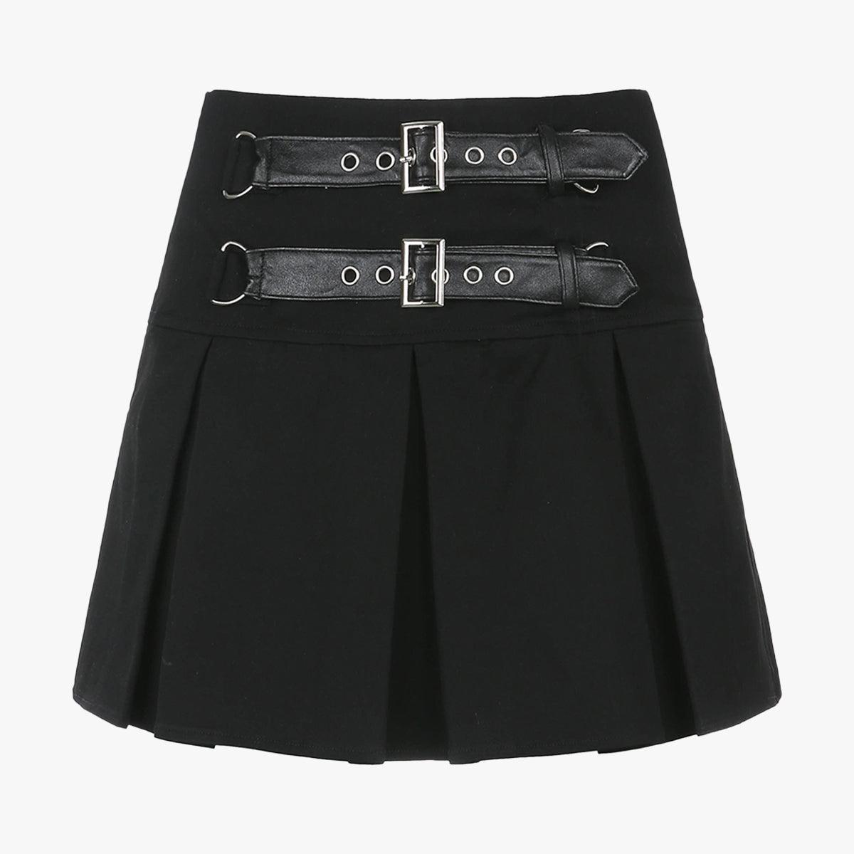 Double Belt Pleated Black Skirt - Aesthetic Clothes Shop Double Belt Pleated Black Skirt - Aesthetic Clothes Shop